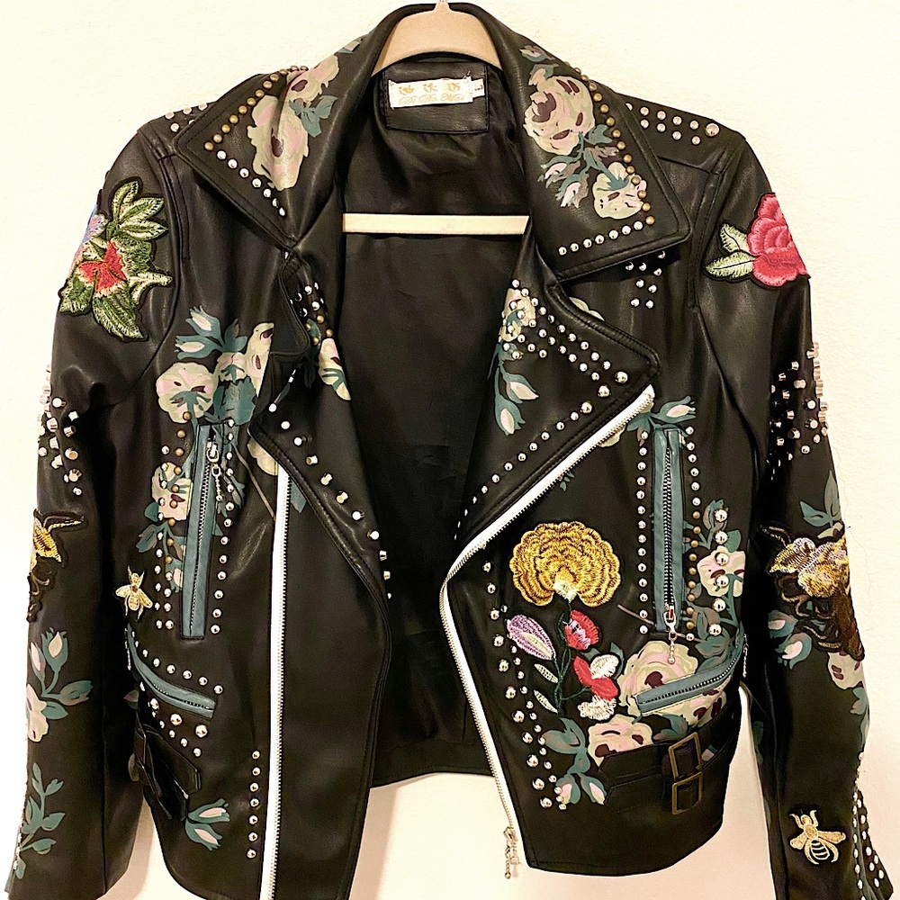 PU Leather Embroidered Gucci Style Biker Jacket